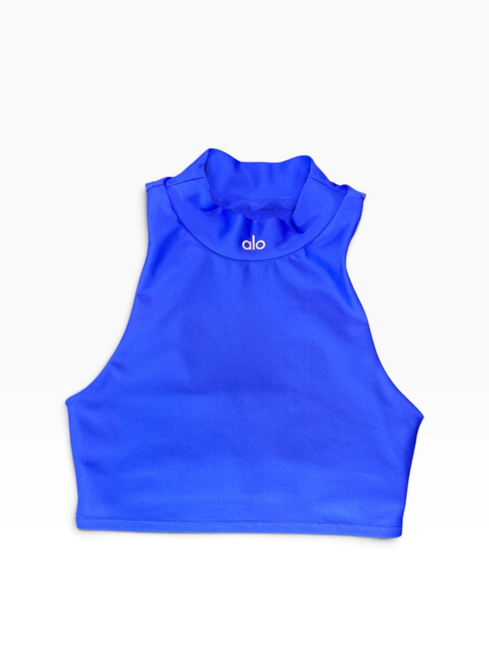 Alo yoga women’s Electric Blue High Neck Racer Back open Crop Top Bra XS